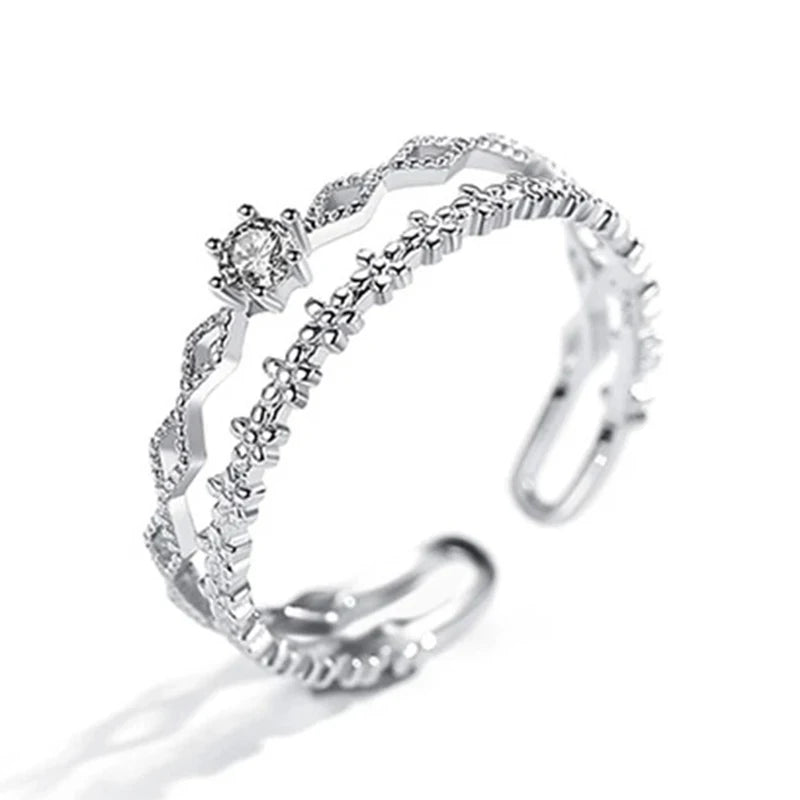 925 Sterling Silver Flower Lace Ring Korean Fashion Opening Inlaid CZ Adjustable Rings Valentine's Day Gift