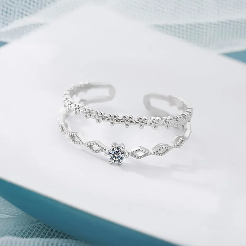 925 Sterling Silver Flower Lace Ring Korean Fashion Opening Inlaid CZ Adjustable Rings Valentine's Day Gift