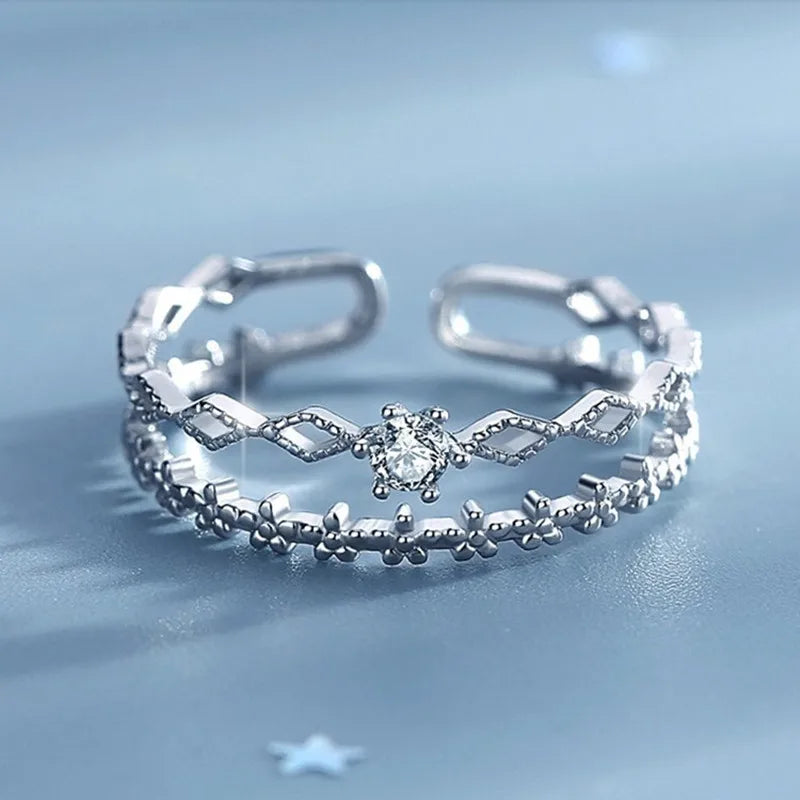 925 Sterling Silver Flower Lace Ring Korean Fashion Opening Inlaid CZ Adjustable Rings Valentine's Day Gift