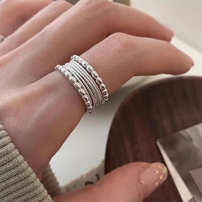 925 Sterling Silver Geometric Multilayer Round Bead Ring Female Fashion Punk Temperament Prevent Allergy Charm Jewelry