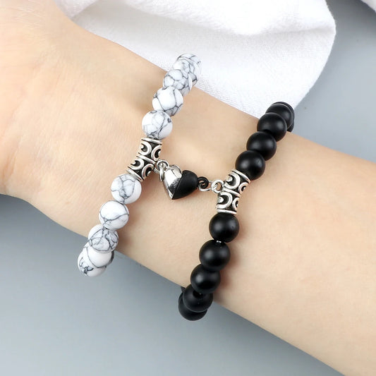 Hot Couple Yin Yang Bracelet Set Men 8mm Natural Stone Heart shape Magnet Love Braclet for Women Friendship Fashion Jewelry Gift