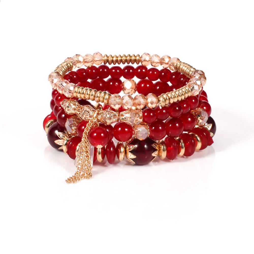 WG Multilaye Bohemian Stackable Beads Bracelet Imitation Agate Chain Tassel Colored Glass Crystal Bracelet Jewelry