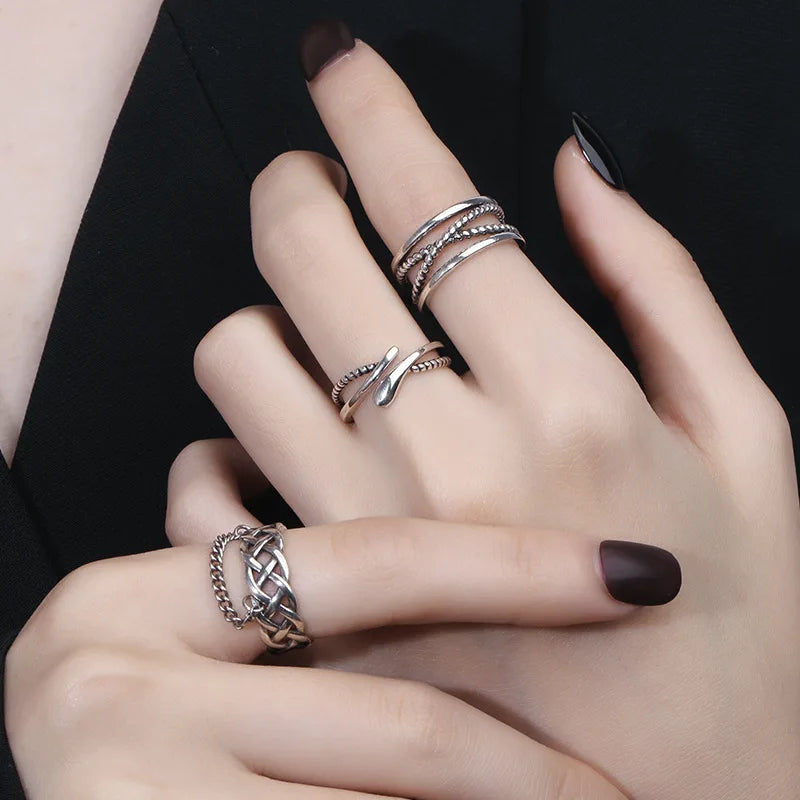 925 Sterling Silver Geometric Multilayer Round Bead Ring Female Fashion Punk Temperament Prevent Allergy Charm Jewelry
