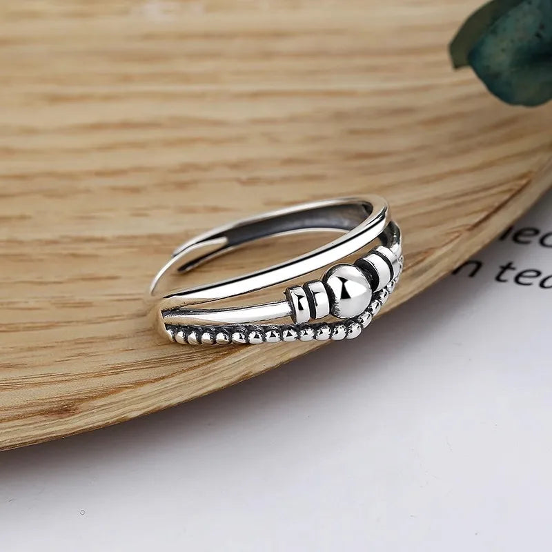 925 Sterling Silver Geometric Multilayer Round Bead Ring Female Fashion Punk Temperament Prevent Allergy Charm Jewelry