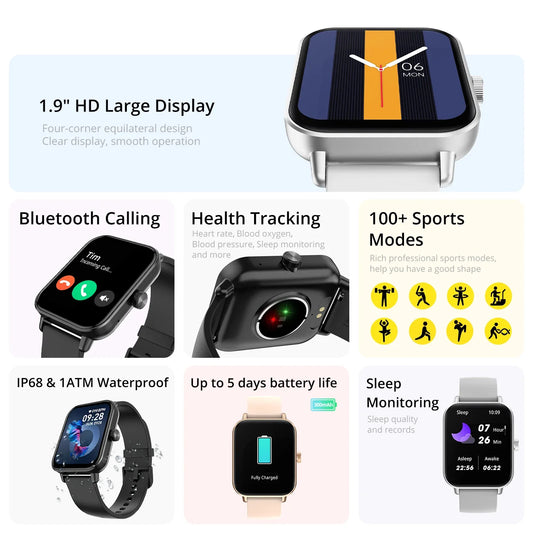 Voice Calling Smart Watch Ultra 1.9 inch Screen 24H Health Monitor 100+ Sports Modes, Bluetooth Smartwatch Men Women