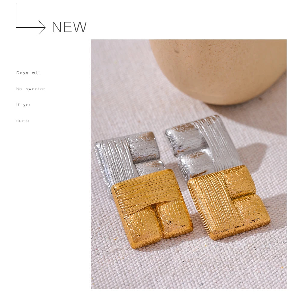Elysium New Fashion 316L Stainless Steel Square Stud Earrings Charm Metal Texture 18K Gold Plated Waterproof Statement Jewelry