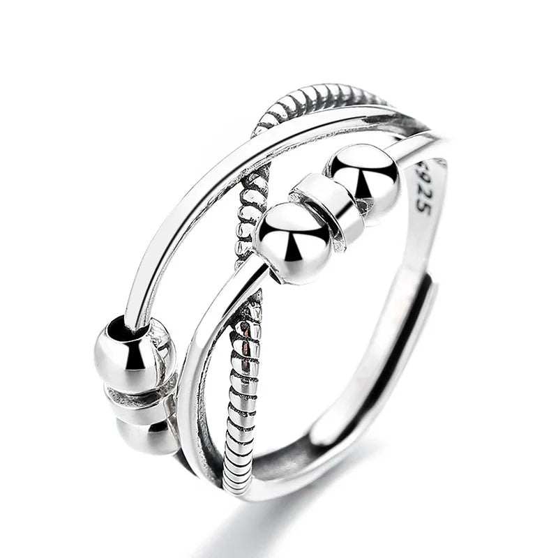 925 Sterling Silver Geometric Multilayer Round Bead Ring Female Fashion Punk Temperament Prevent Allergy Charm Jewelry