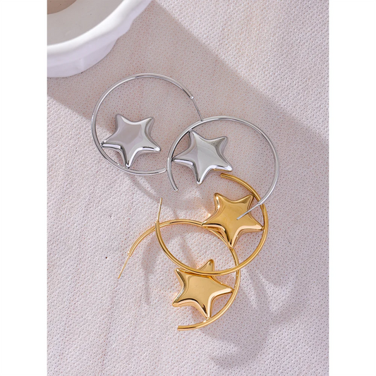 Elysium Trendy Stainless Steel Round Sleek Star Huggie Earrings for Women Prevent Allergy Metal Temperament Fashion Jewelry Gift