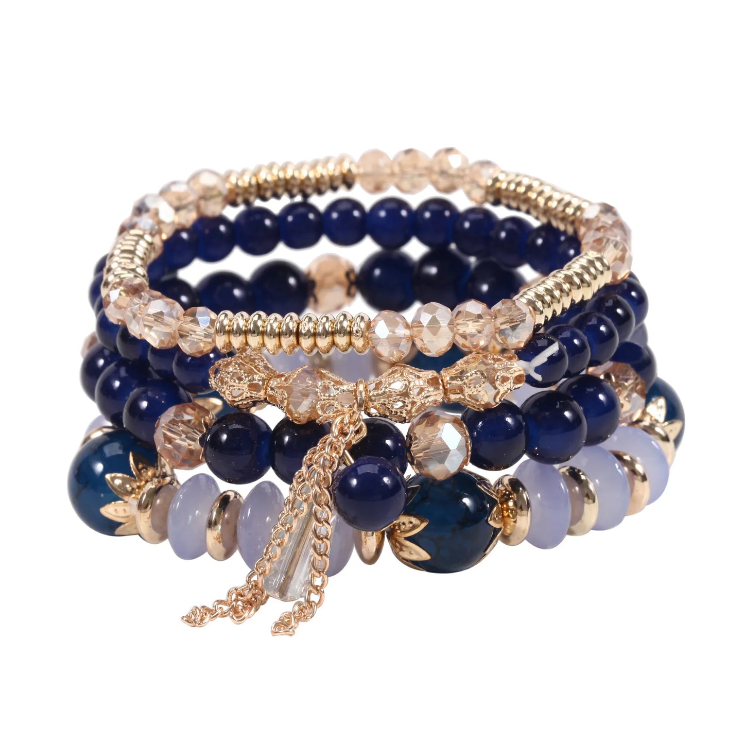 WG Multilaye Bohemian Stackable Beads Bracelet Imitation Agate Chain Tassel Colored Glass Crystal Bracelet Jewelry