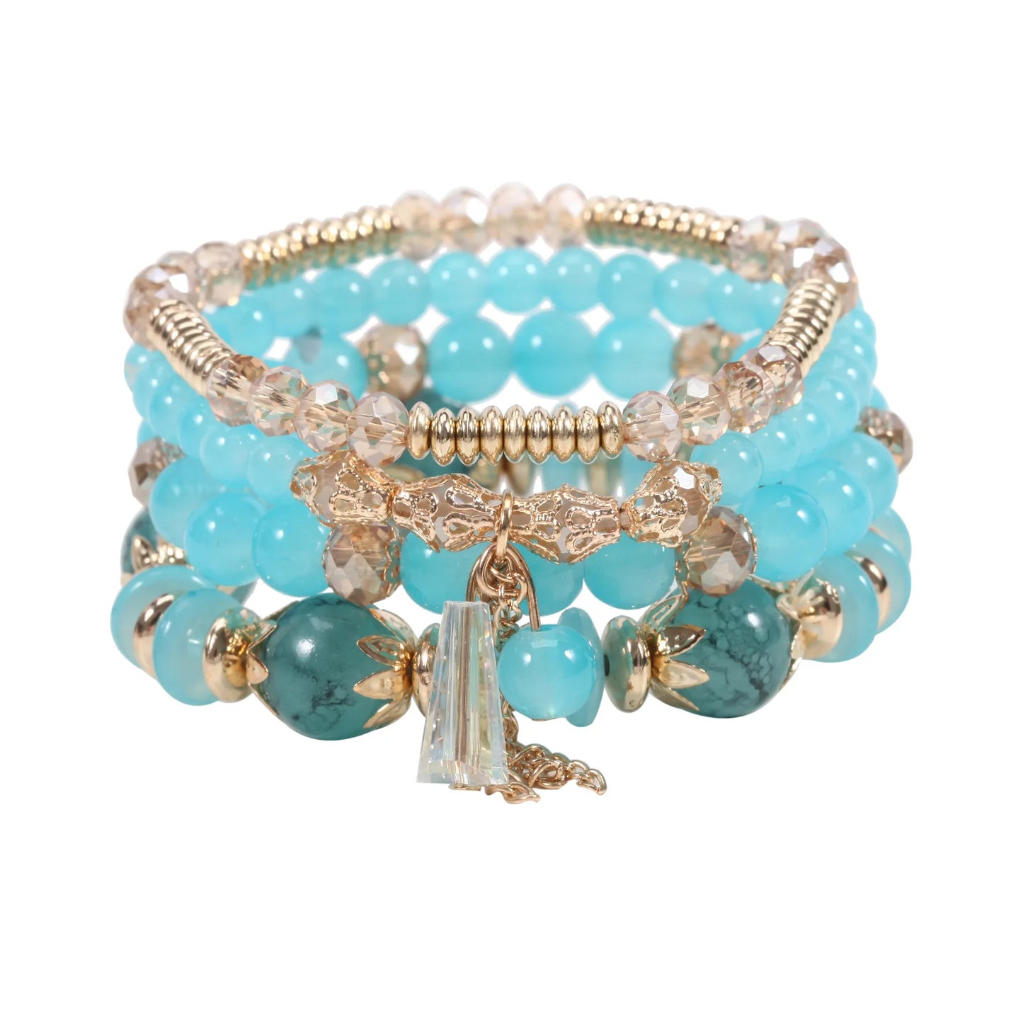 WG Multilaye Bohemian Stackable Beads Bracelet Imitation Agate Chain Tassel Colored Glass Crystal Bracelet Jewelry