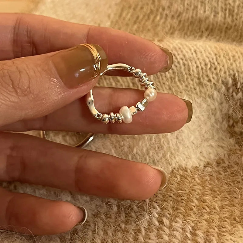 925 Sterling Silver Geometric Multilayer Round Bead Ring Female Fashion Punk Temperament Prevent Allergy Charm Jewelry