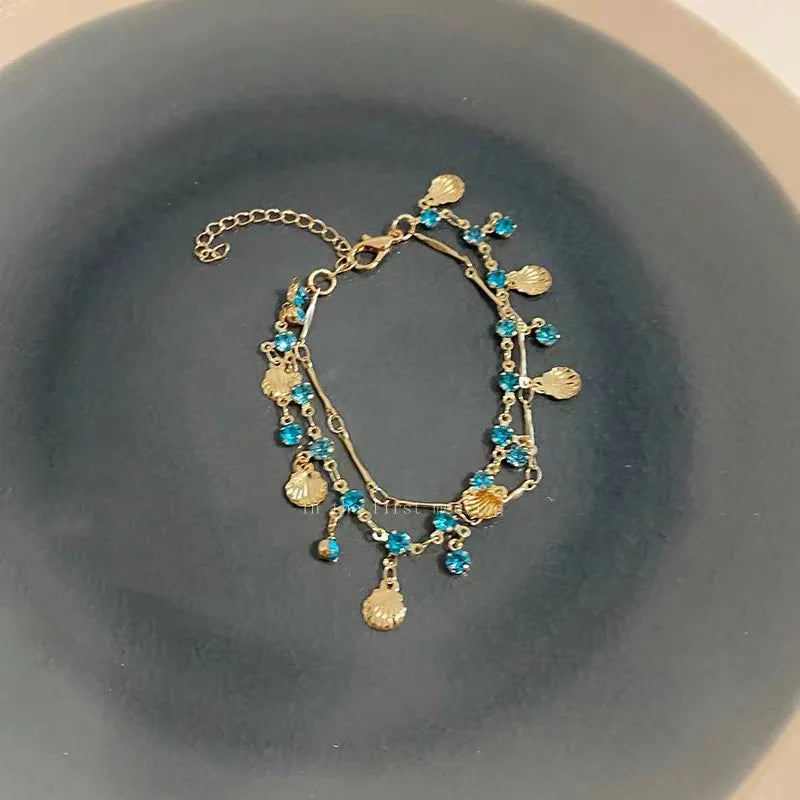 French Romantic Blue Crystal Shell Tassels Bracelet for Women Luxury Y2K Bling Bracelet Spice Girls Exquisite Jewelry Gift