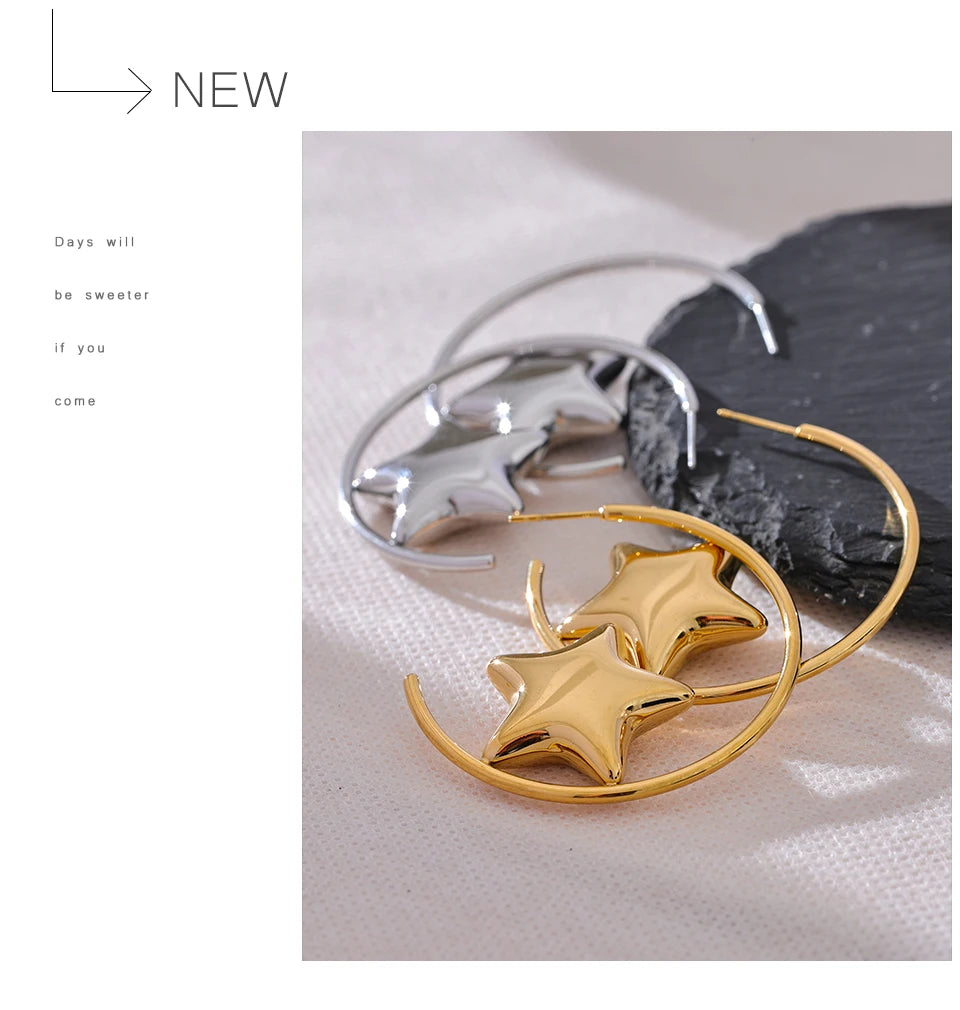 Elysium Trendy Stainless Steel Round Sleek Star Huggie Earrings for Women Prevent Allergy Metal Temperament Fashion Jewelry Gift