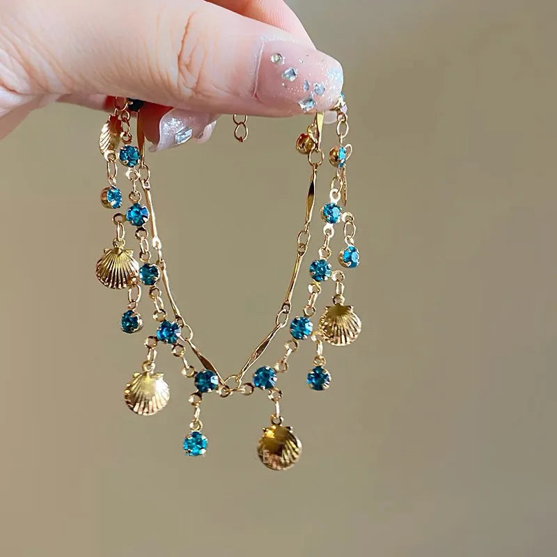 French Romantic Blue Crystal Shell Tassels Bracelet for Women Luxury Y2K Bling Bracelet Spice Girls Exquisite Jewelry Gift