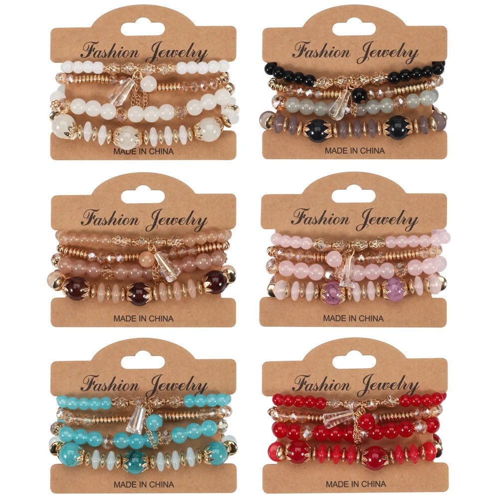 WG Multilaye Bohemian Stackable Beads Bracelet Imitation Agate Chain Tassel Colored Glass Crystal Bracelet Jewelry