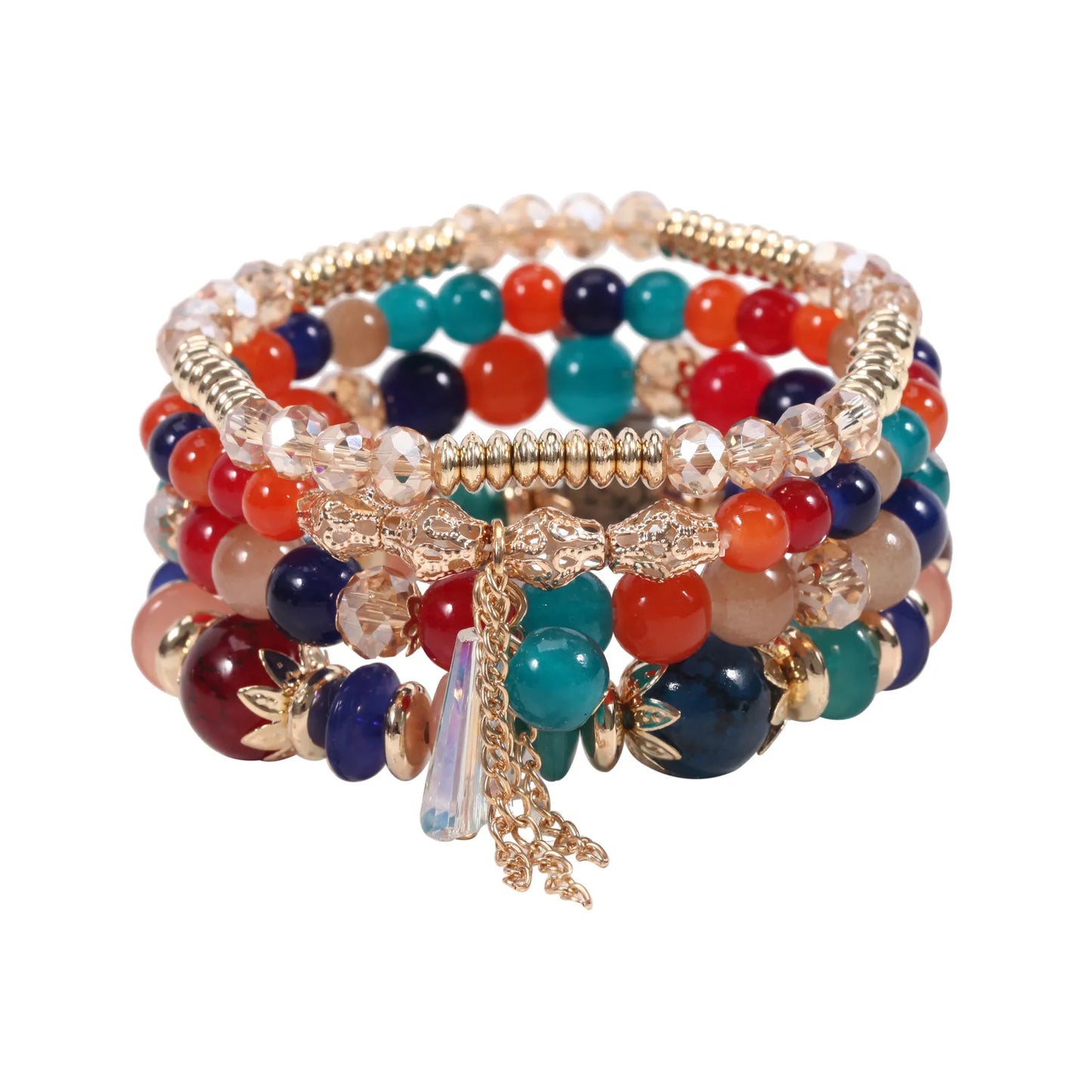 WG Multilaye Bohemian Stackable Beads Bracelet Imitation Agate Chain Tassel Colored Glass Crystal Bracelet Jewelry