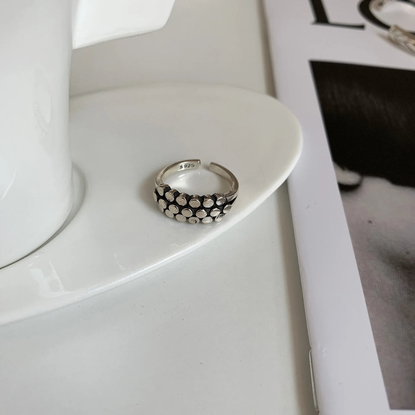 925 Sterling Silver Geometric Multilayer Round Bead Ring Female Fashion Punk Temperament Prevent Allergy Charm Jewelry