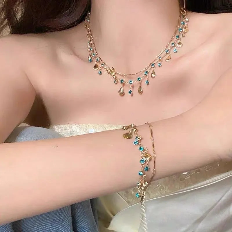French Romantic Blue Crystal Shell Tassels Bracelet for Women Luxury Y2K Bling Bracelet Spice Girls Exquisite Jewelry Gift