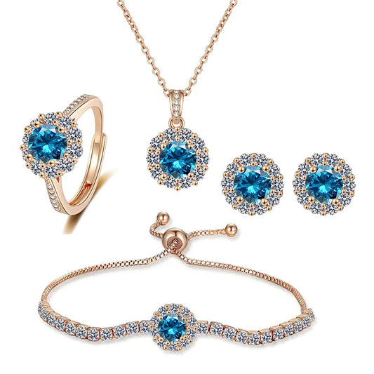 925 Sterling Silver Color Jewelry Gift Sets for Women Female Romantic Heart Zircon Huggie Earrings Pendant Necklace Ring