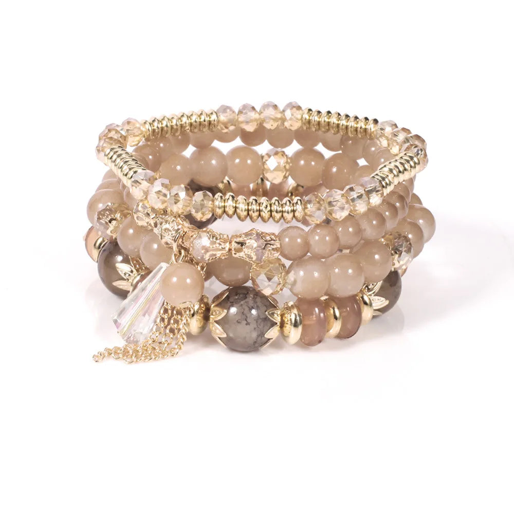 WG Multilaye Bohemian Stackable Beads Bracelet Imitation Agate Chain Tassel Colored Glass Crystal Bracelet Jewelry