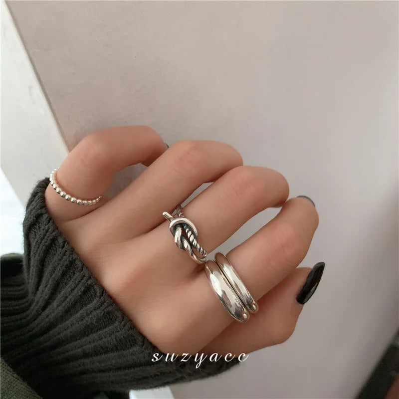 925 Sterling Silver Geometric Multilayer Round Bead Ring Female Fashion Punk Temperament Prevent Allergy Charm Jewelry
