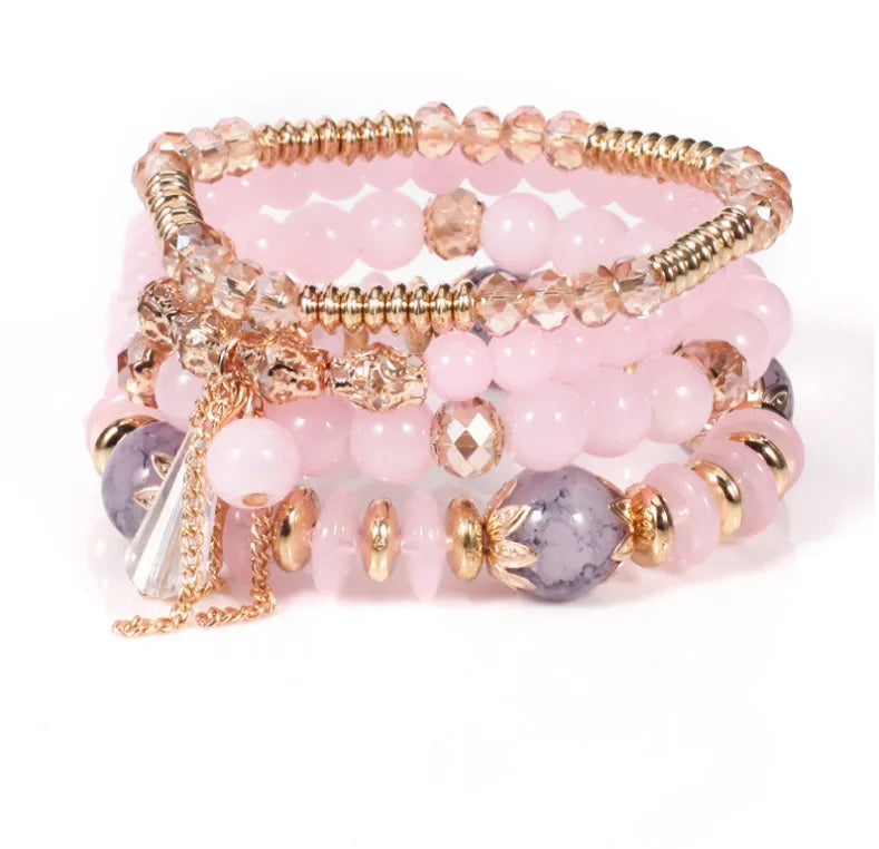 WG Multilaye Bohemian Stackable Beads Bracelet Imitation Agate Chain Tassel Colored Glass Crystal Bracelet Jewelry