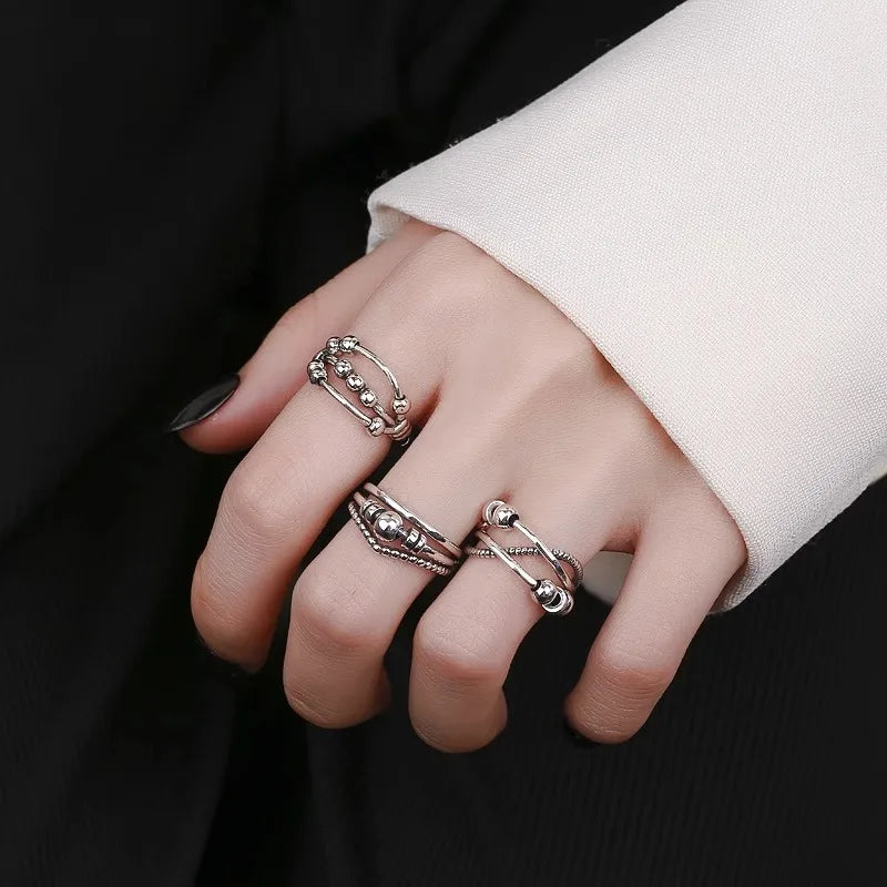 925 Sterling Silver Geometric Multilayer Round Bead Ring Female Fashion Punk Temperament Prevent Allergy Charm Jewelry