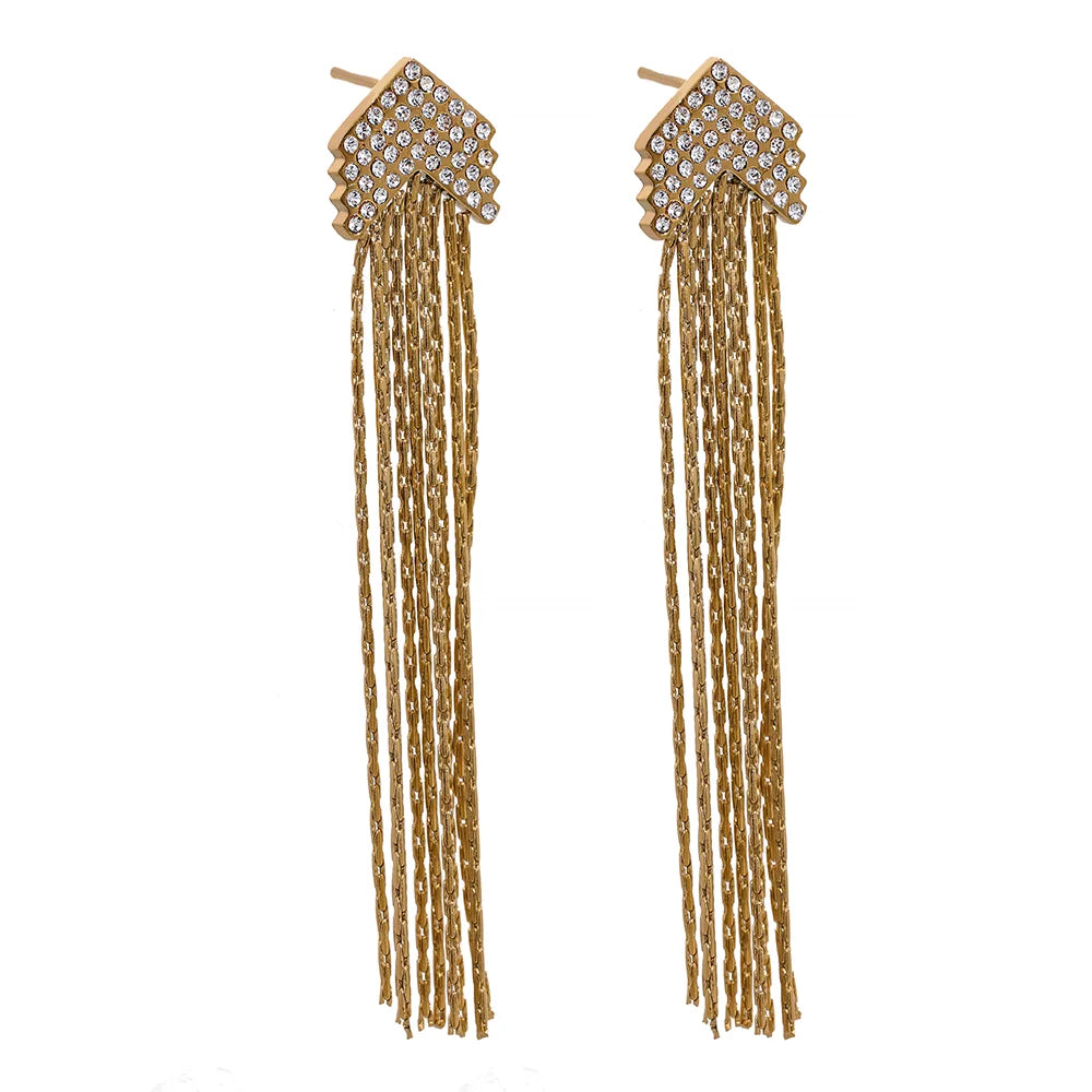 Elysium Fashion Arrow Cubic Zirconia Stainless Steel Long Tassel Drop Dangle Earrings for Women Gold Color Party Trendy Jewelry