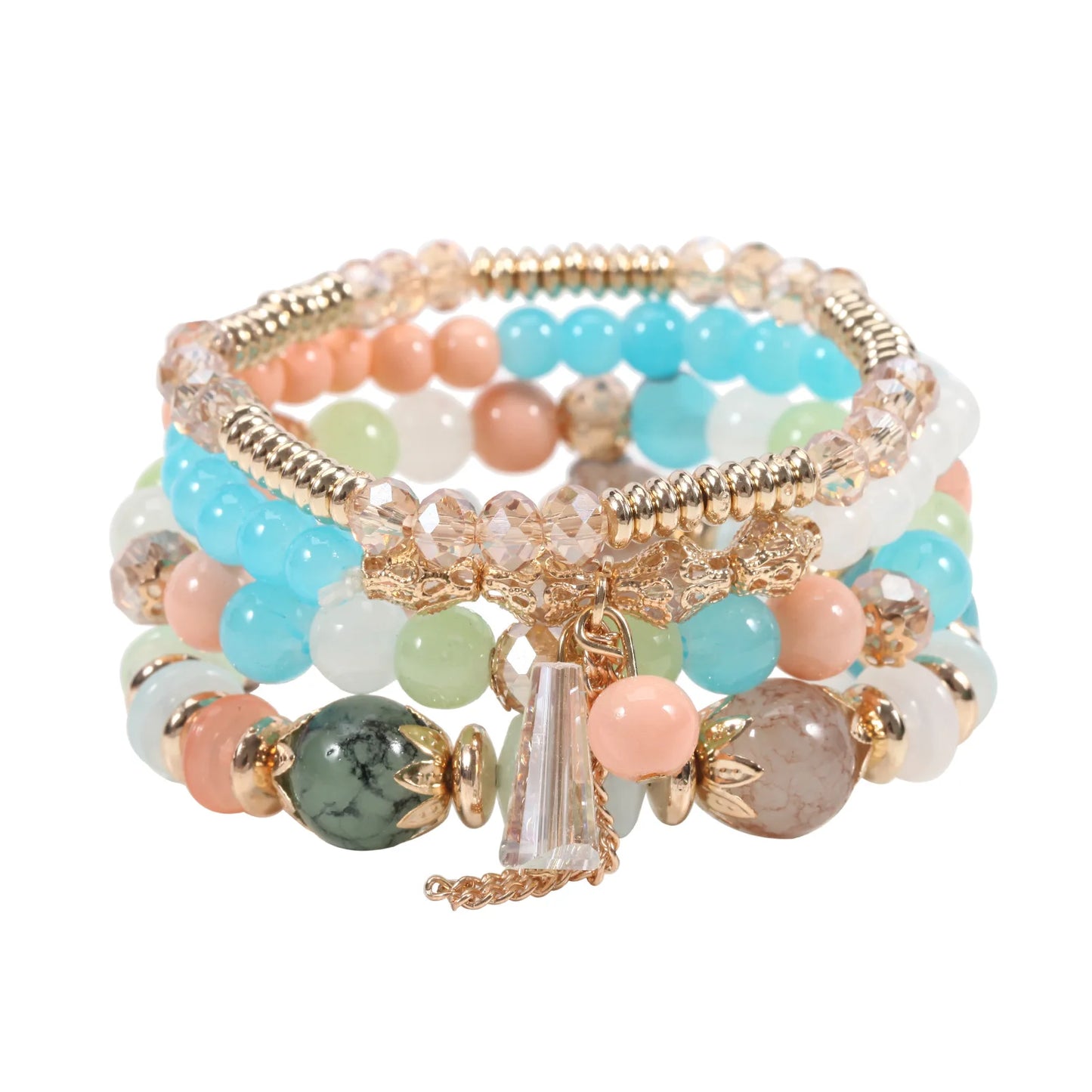 WG Multilaye Bohemian Stackable Beads Bracelet Imitation Agate Chain Tassel Colored Glass Crystal Bracelet Jewelry