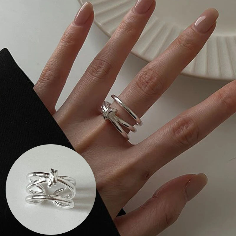 925 Sterling Silver Geometric Multilayer Round Bead Ring Female Fashion Punk Temperament Prevent Allergy Charm Jewelry