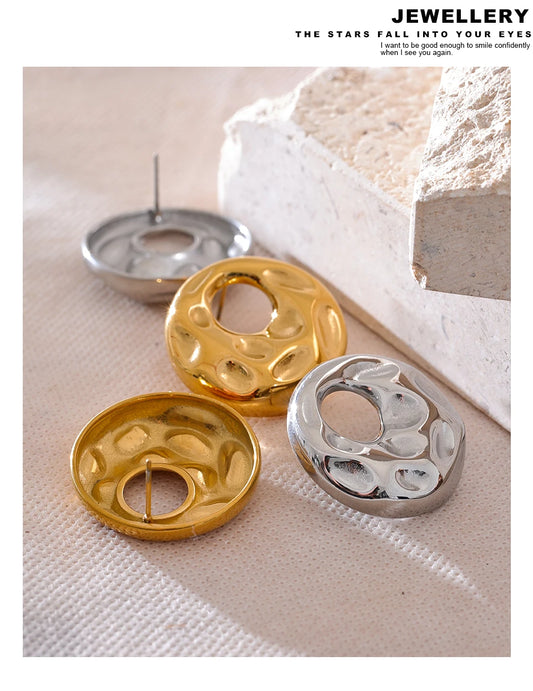 Elysium  New Hammer Stainless Steel Metal Round Hollow Stud Earrings for Women Individualistic Versatile Jewelry Waterproof Gift