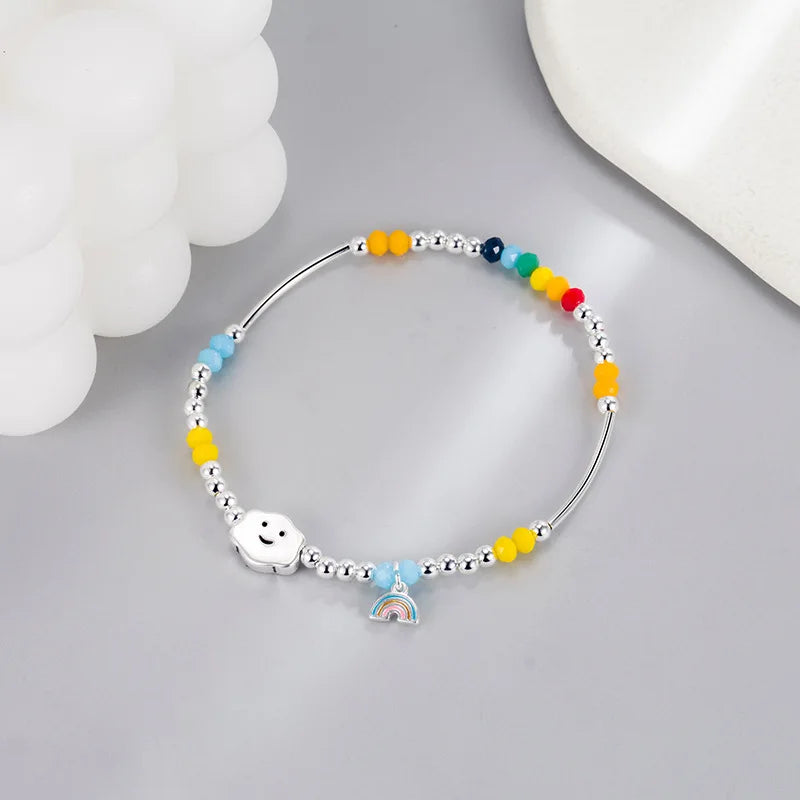 925 Sterling Silver Rainbow Beaded Bracelet Cute Little Bear Cloud Bracelet Women's Vintage Fashion Handwear Temperament Jewelry