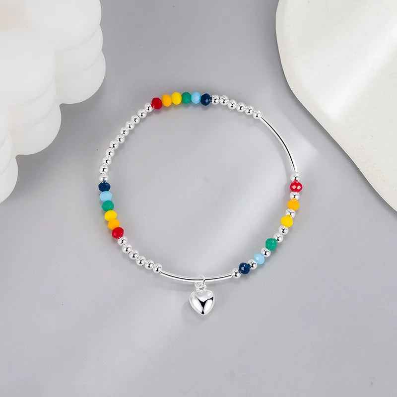 925 Sterling Silver Rainbow Beaded Bracelet Cute Little Bear Cloud Bracelet Women's Vintage Fashion Handwear Temperament Jewelry