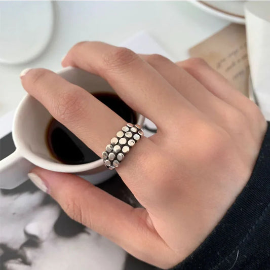 925 Sterling Silver Geometric Multilayer Round Bead Ring Female Fashion Punk Temperament Prevent Allergy Charm Jewelry