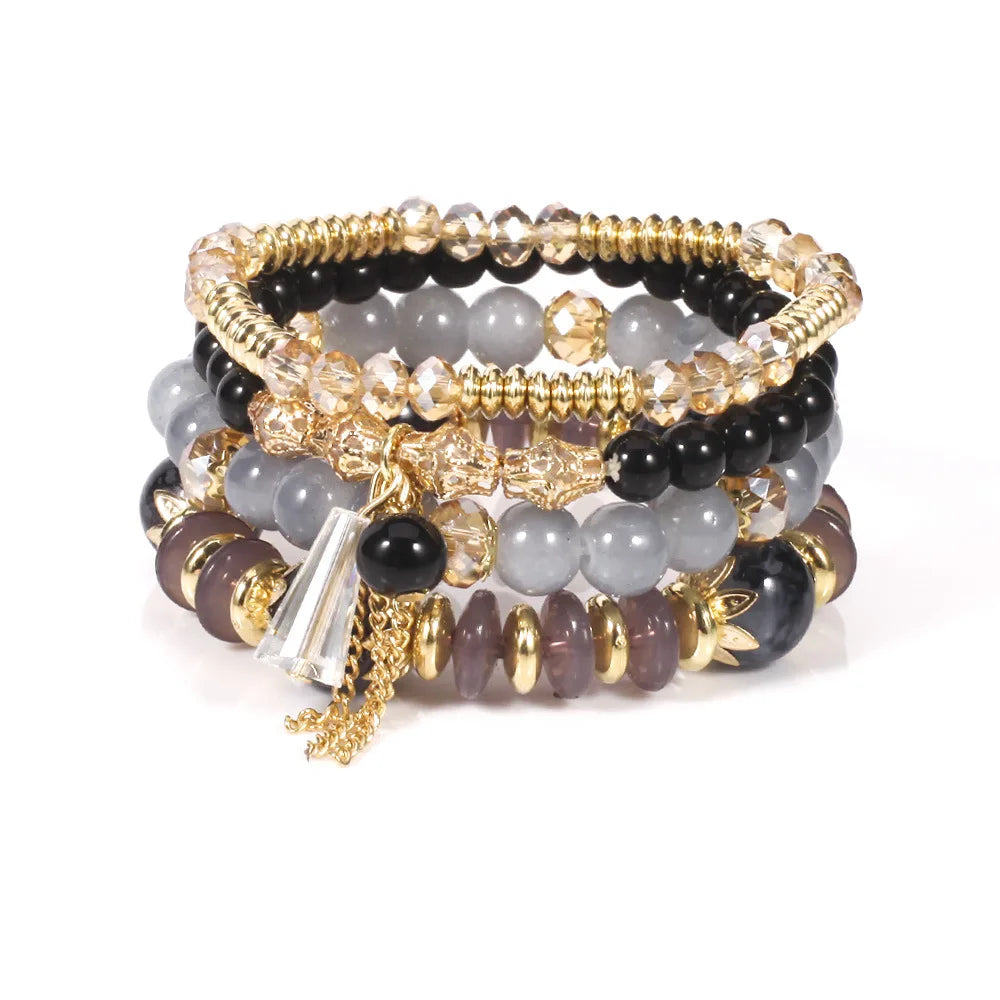 WG Multilaye Bohemian Stackable Beads Bracelet Imitation Agate Chain Tassel Colored Glass Crystal Bracelet Jewelry