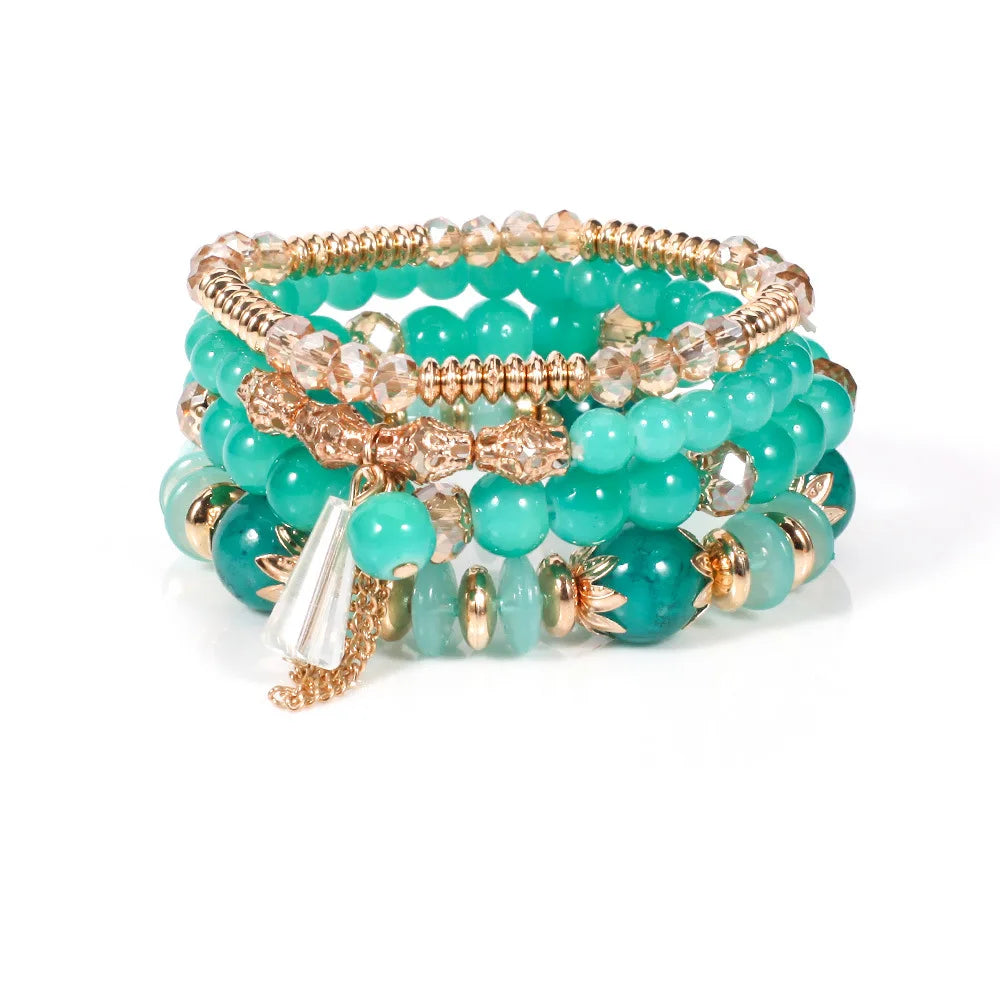 WG Multilaye Bohemian Stackable Beads Bracelet Imitation Agate Chain Tassel Colored Glass Crystal Bracelet Jewelry