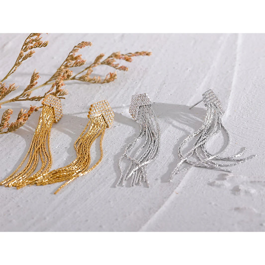 Elysium Fashion Arrow Cubic Zirconia Stainless Steel Long Tassel Drop Dangle Earrings for Women Gold Color Party Trendy Jewelry