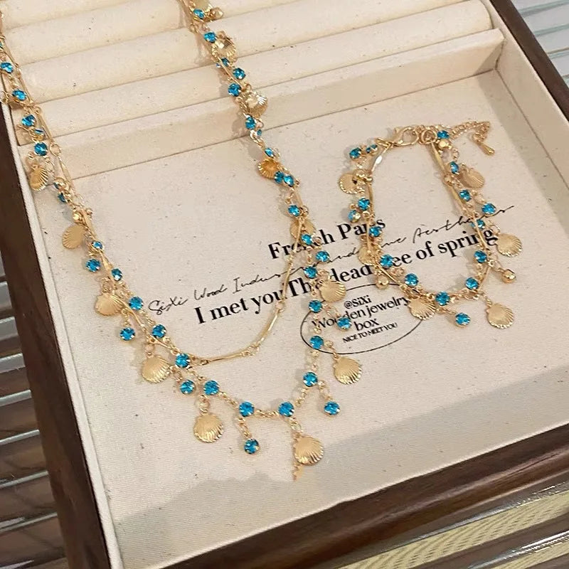 French Romantic Blue Crystal Shell Tassels Bracelet for Women Luxury Y2K Bling Bracelet Spice Girls Exquisite Jewelry Gift