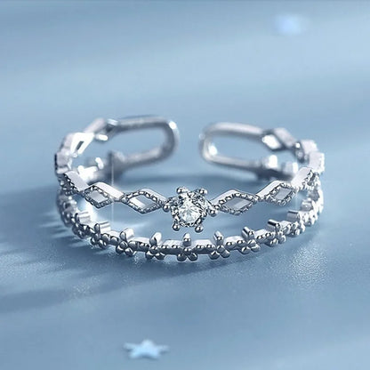 925 Sterling Silver Flower Lace Ring Korean Fashion Opening Inlaid CZ Adjustable Rings Valentine's Day Gift