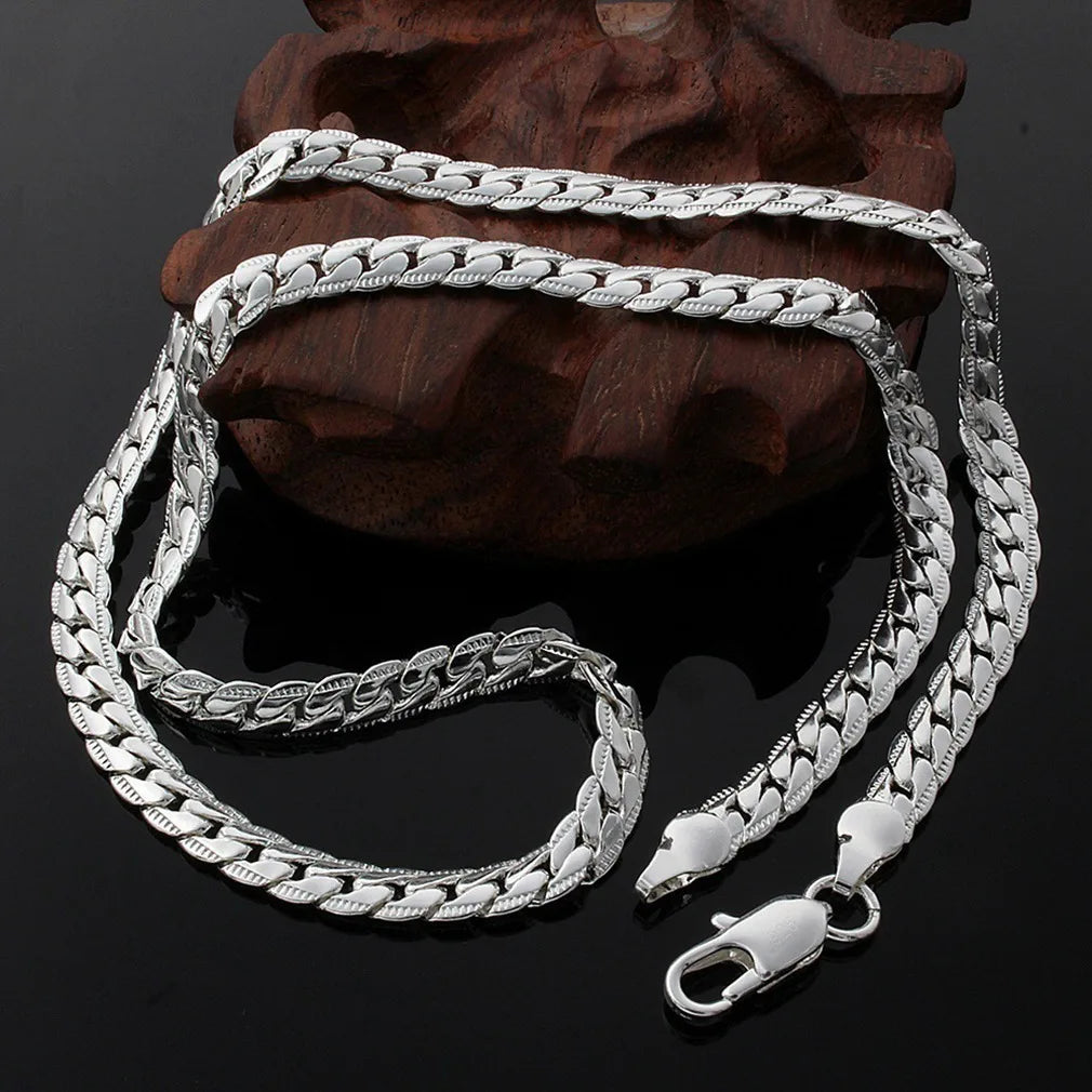 New 925 Sterling Silver 2 Piece Full Sideways Chain Necklace Bracelet For Women Men Fashion Jewelry Sets Wedding Gift