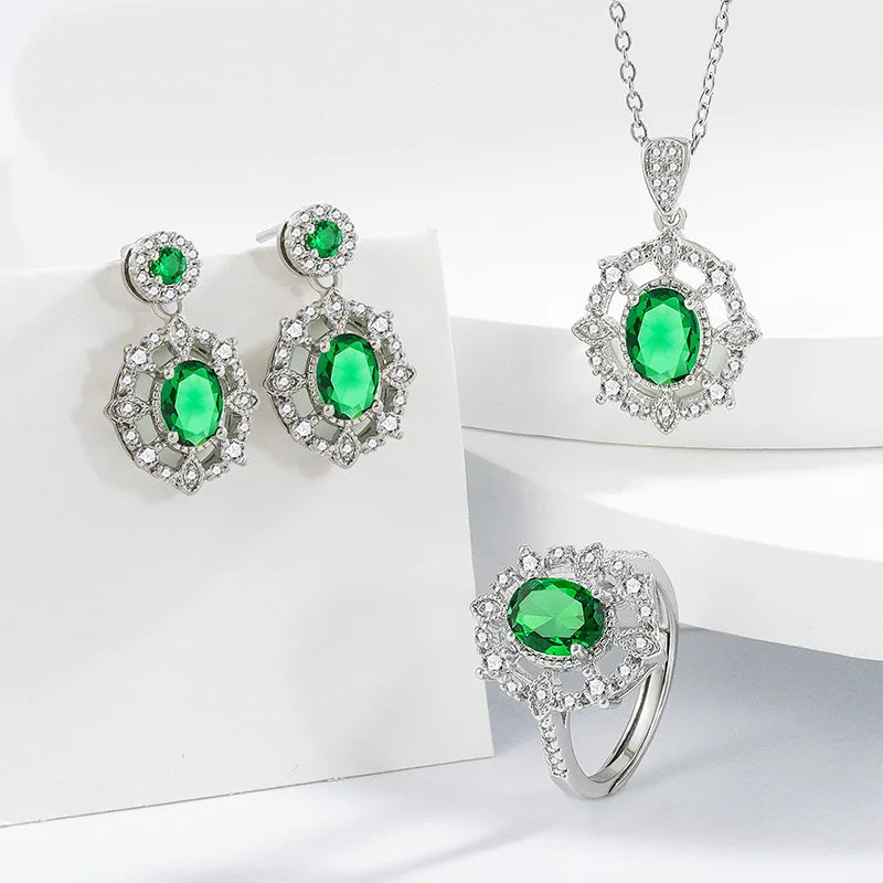 925 Sterling Silver Elegant Jewelry Sets Ring Earrings Necklace For Women Rectangle Geometry Zircon Wedding Accessories