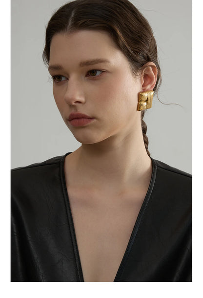 Elysium New Fashion 316L Stainless Steel Square Stud Earrings Charm Metal Texture 18K Gold Plated Waterproof Statement Jewelry