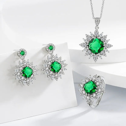 925 Sterling Silver Elegant Jewelry Sets Ring Earrings Necklace For Women Rectangle Geometry Zircon Wedding Accessories