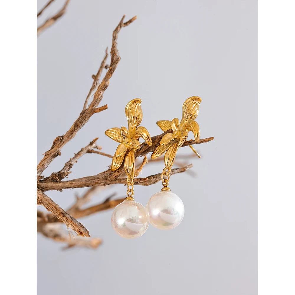 Elysium Waterproof Flower Imitation Pearls Drop Earrings for Women New Stainless Steel Korean Elegant Fashion Jewelry Accessories