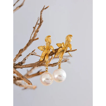 Elysium Waterproof Flower Imitation Pearls Drop Earrings for Women New Stainless Steel Korean Elegant Fashion Jewelry Accessories