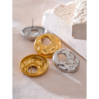 Elysium  New Hammer Stainless Steel Metal Round Hollow Stud Earrings for Women Individualistic Versatile Jewelry Waterproof Gift