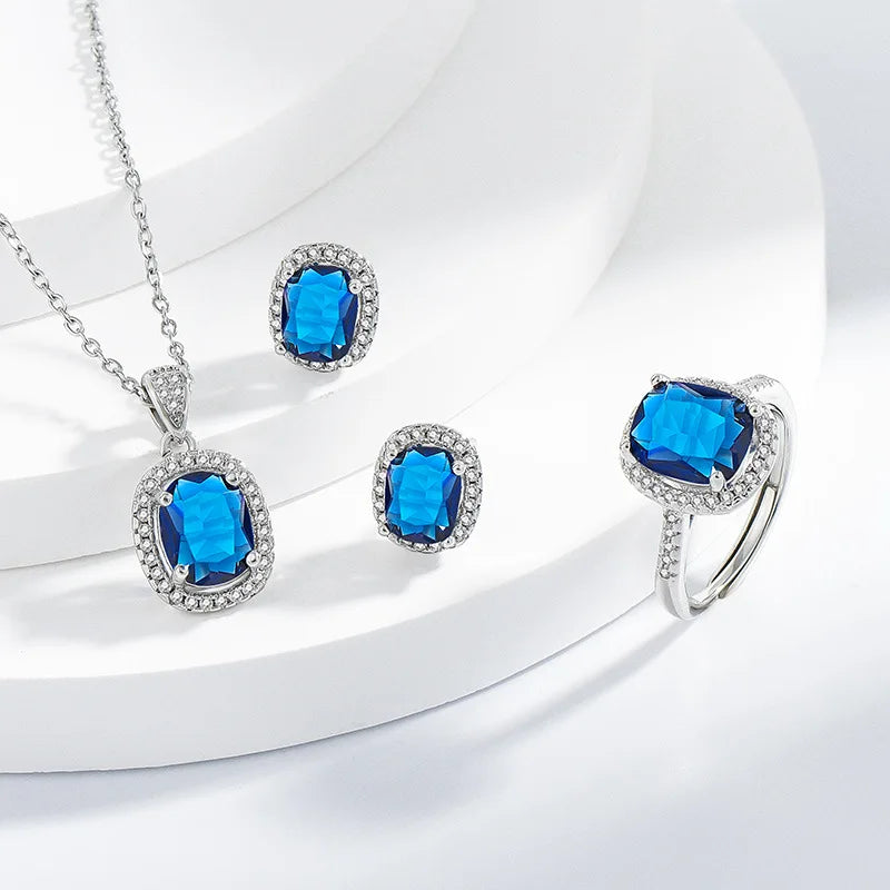 925 Sterling Silver Elegant Jewelry Sets Ring Earrings Necklace For Women Rectangle Geometry Zircon Wedding Accessories