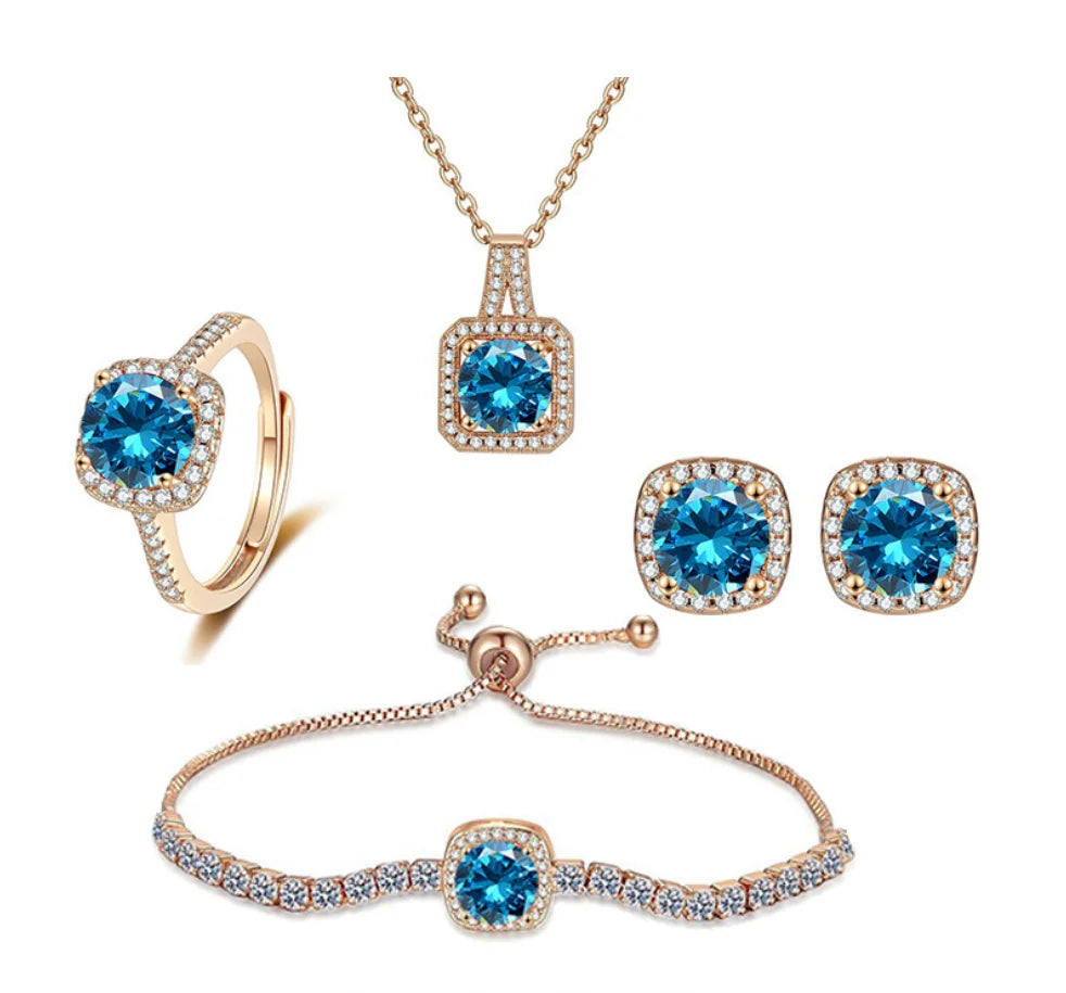 925 Sterling Silver Color Jewelry Gift Sets for Women Female Romantic Heart Zircon Huggie Earrings Pendant Necklace Ring