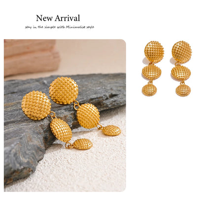 Elysium Distinctive Stainless Steel Round Long Drop Dangle Earrings Water Resistant Metal Gold Color Statement Fashion Jewelry