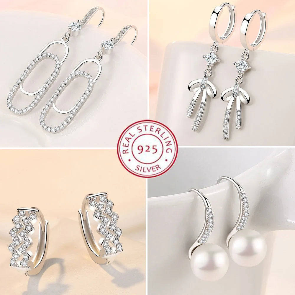 925 Sterling Silver Earrings For Women Original Charm Double Hoop Earrings Pave CZ Fine Engagement Anniversary Jewelry Gift